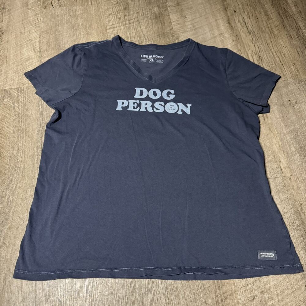 Life is Good Blue Crusher-Lite Graphic V-Neck T-Shirt Womens XL Dog Person